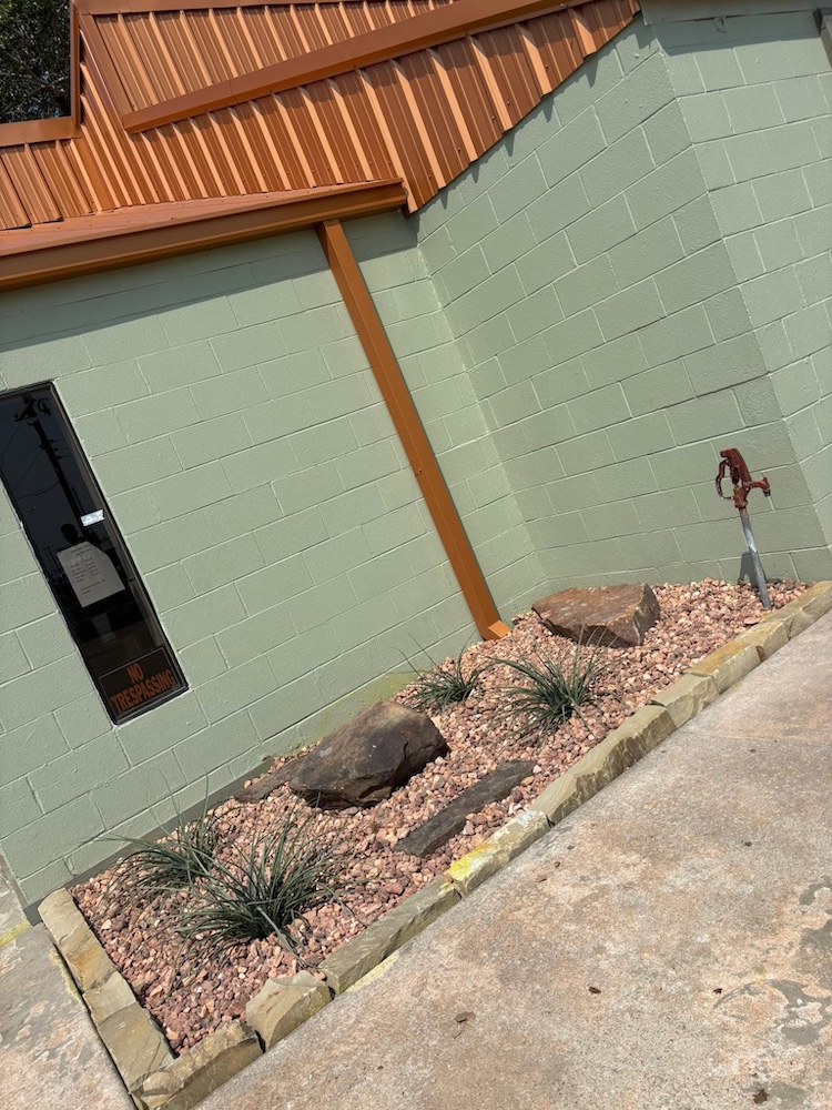 Before — Weedy, untended strip beside a painted exterior wall