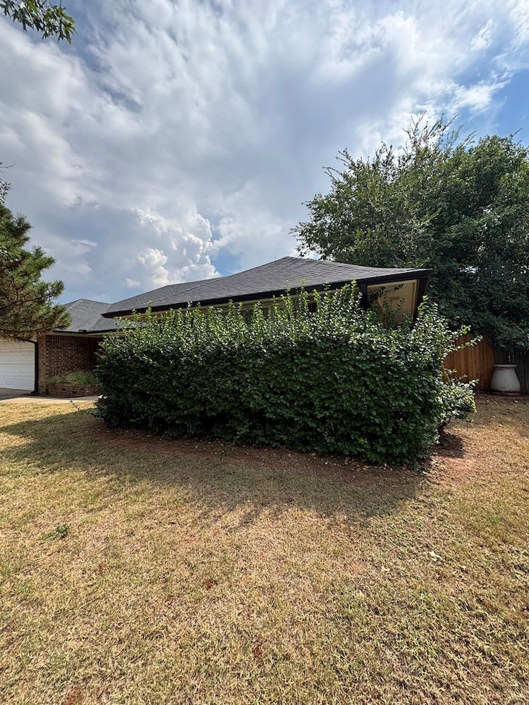 Before — Oversized, overgrown hedge dominating the front of a home